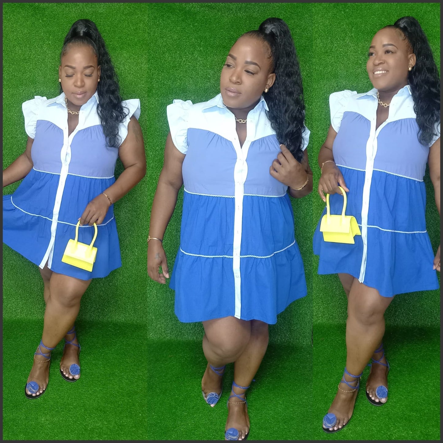 Three images of a woman wearing a blue and white dress with a yellow handbag on a green background