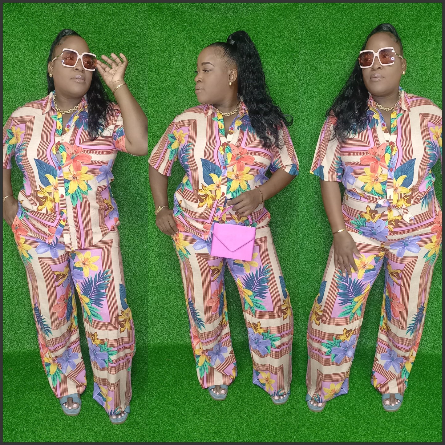 Three women wearing colorful matching outfits on a green background